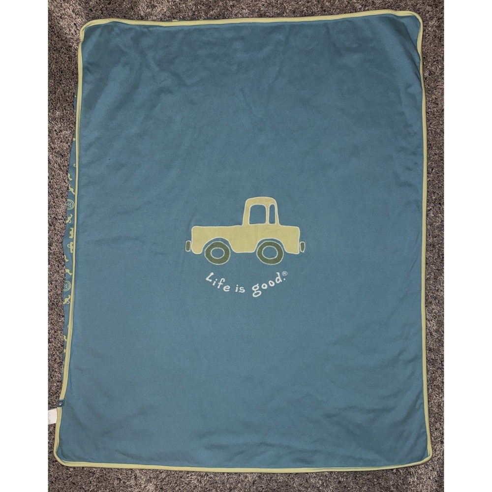 Life is Good Baby Blanket Truck Applique Baby Boy Blue‎ Green Reversible Cotton